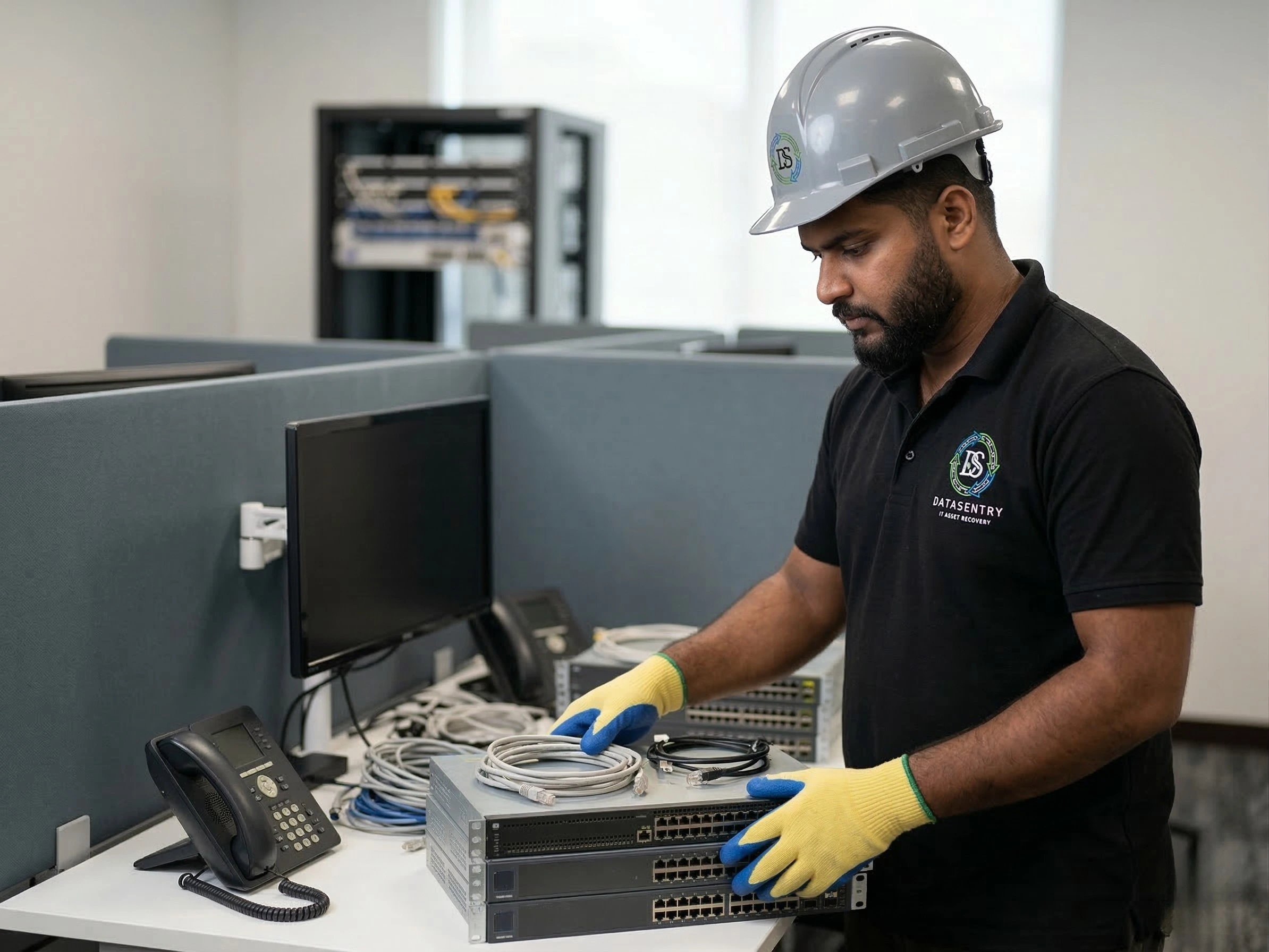 Professional Data Sentry team performing a full office IT clearance in a Dubai Business Bay high-rise, securely removing monitors, server racks, and e-waste